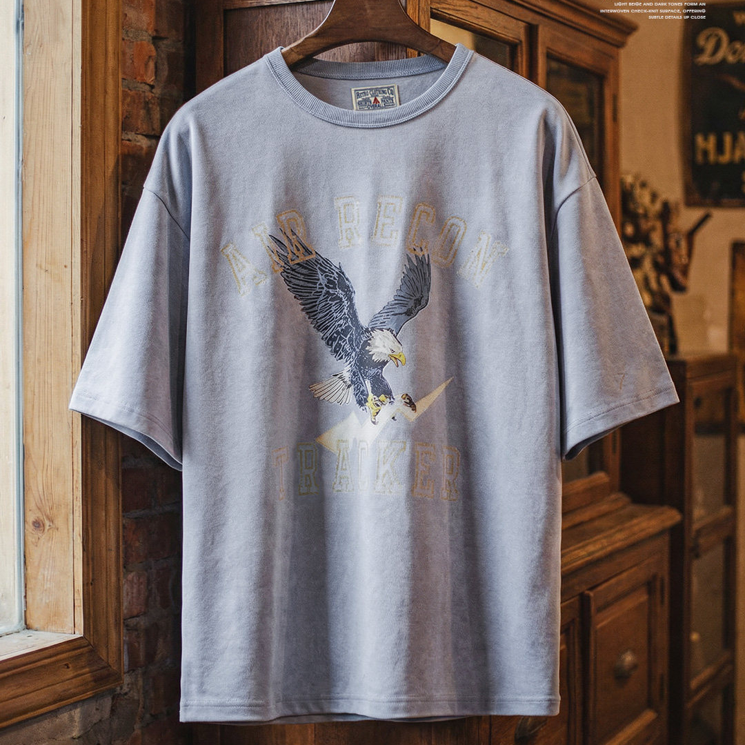 美式復古印花做舊仿蠟染圓領藍色落肩針織短袖T恤男士夏