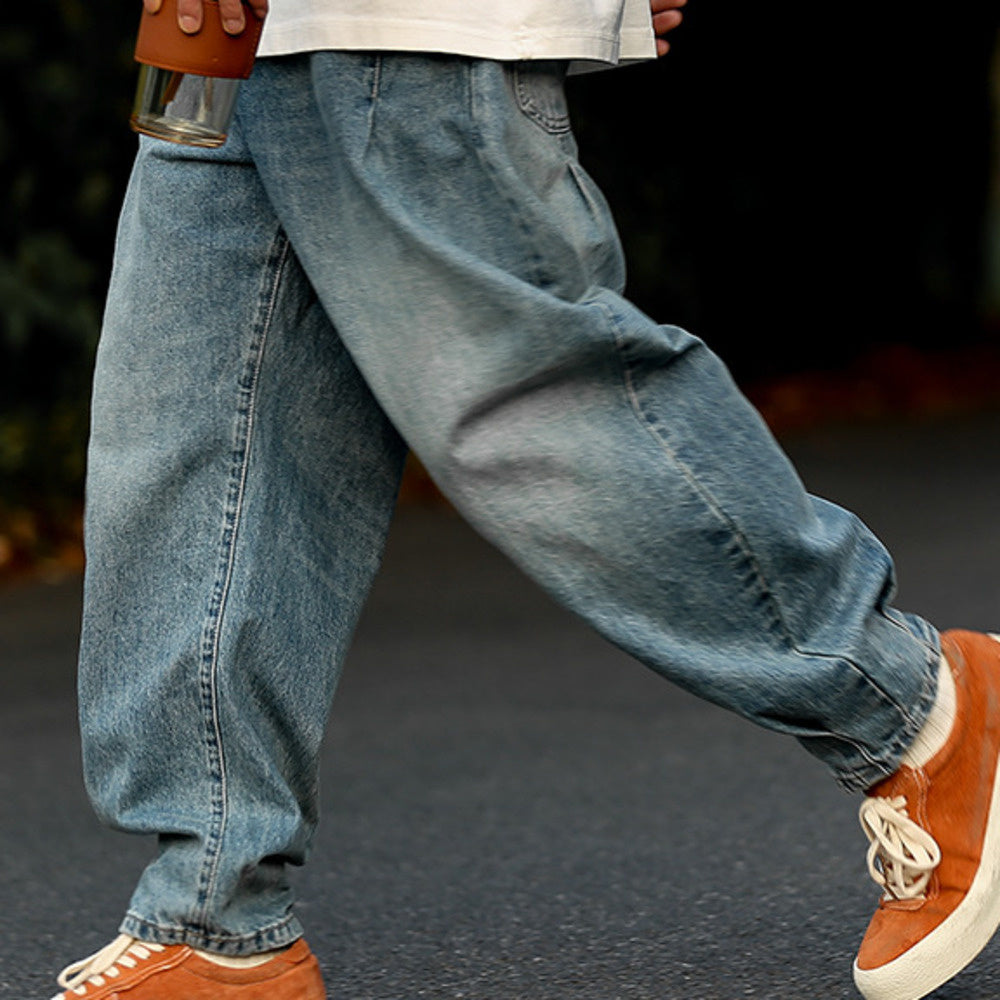 復古廓形牛仔褲男士直筒褲子男潮牌寬松做舊水洗哈倫長褲