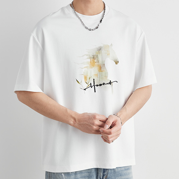 重磅210g莫代爾國潮駿馬印花T恤男夏季圓領寬鬆親膚透氣短袖