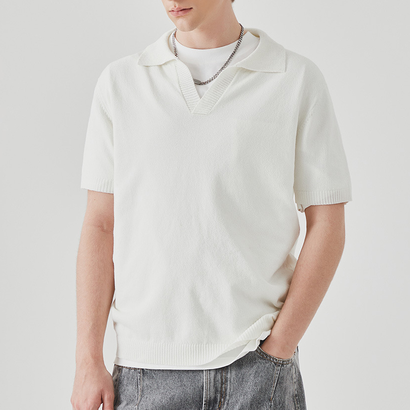 夏季針織短袖polo衫男高級感純色翻領休閒T恤上衣馬球衫