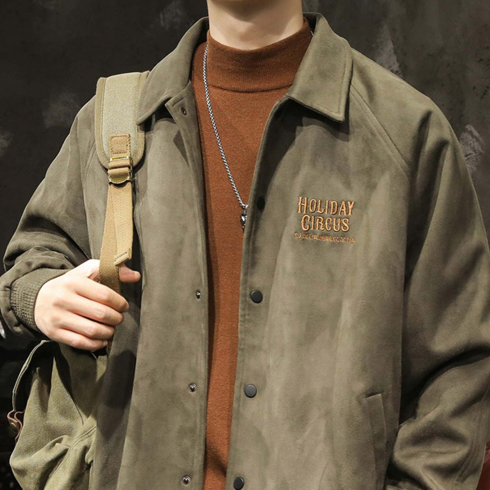 灰綠色鹿皮絨翻領棒球服男士寬松春秋款潮牌380g美式夾克外套