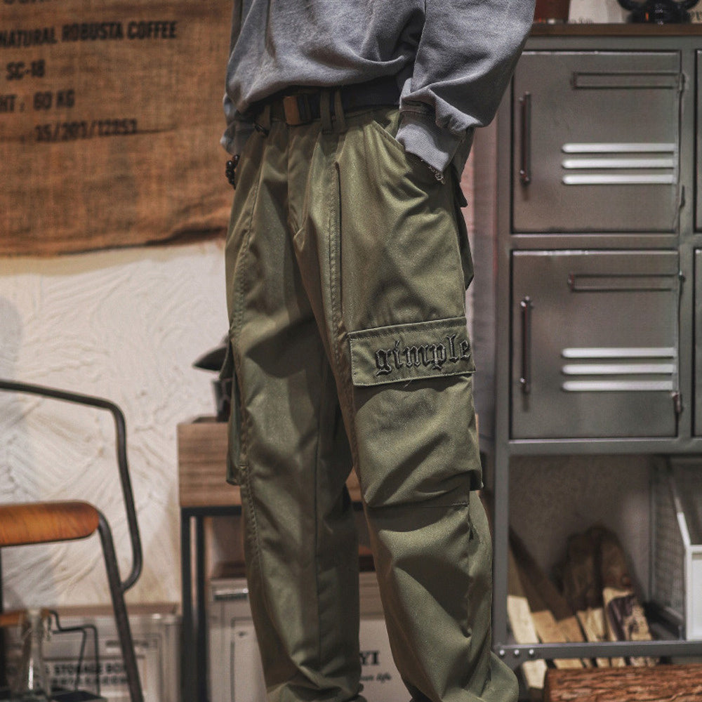 直筒寬松潮牌機能工裝褲男款春季美式復古高街男生束腳休閑長褲