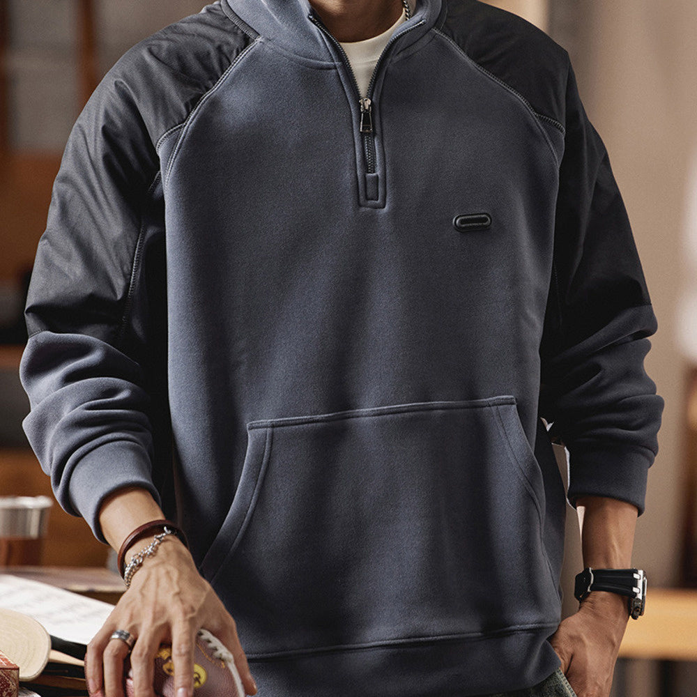 撞色拼接半拉鏈立領衛衣男士寬松休閑POLO衫秋冬季加絨外套男