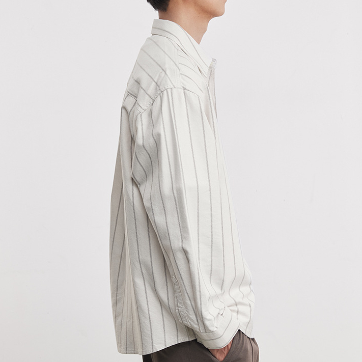 時尚牛津寬條紋純棉翻領長袖襯衫男春秋季2026新款男士襯衣潮