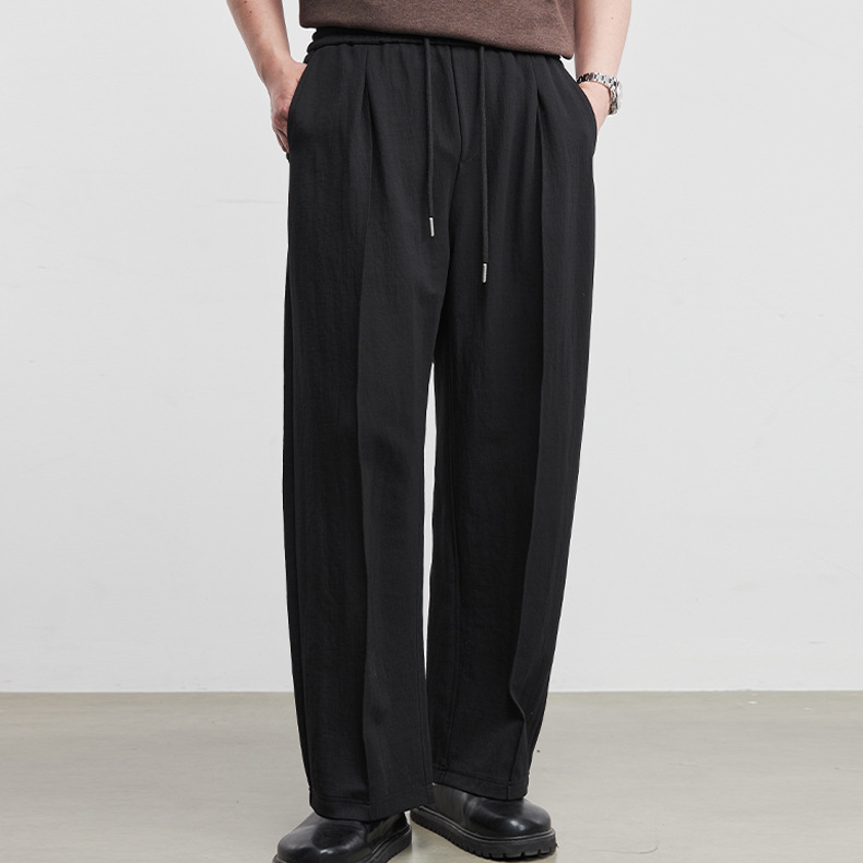 抽繩式肌理闊腿褲男2026春季新款復古寬鬆純色直筒休閒褲