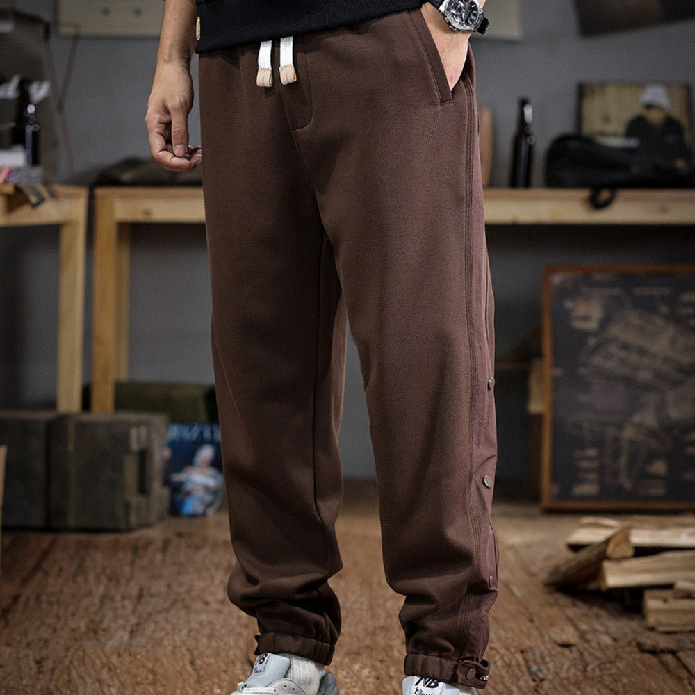 高級感排扣設計休閑褲男寬松大碼運動衛褲百搭潮流秋冬款束腳長褲