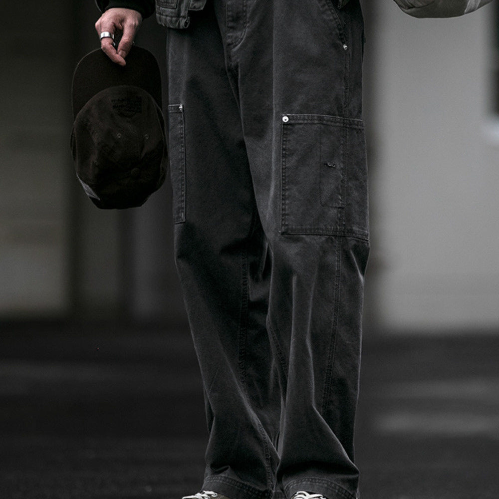 秋冬360g水洗做舊工裝褲男潮牌寬松伐木褲純棉百搭直筒長褲潮