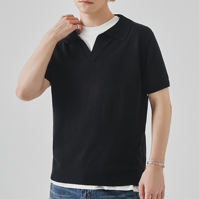 夏季針織短袖polo衫男高級感純色翻領休閒T恤上衣馬球衫