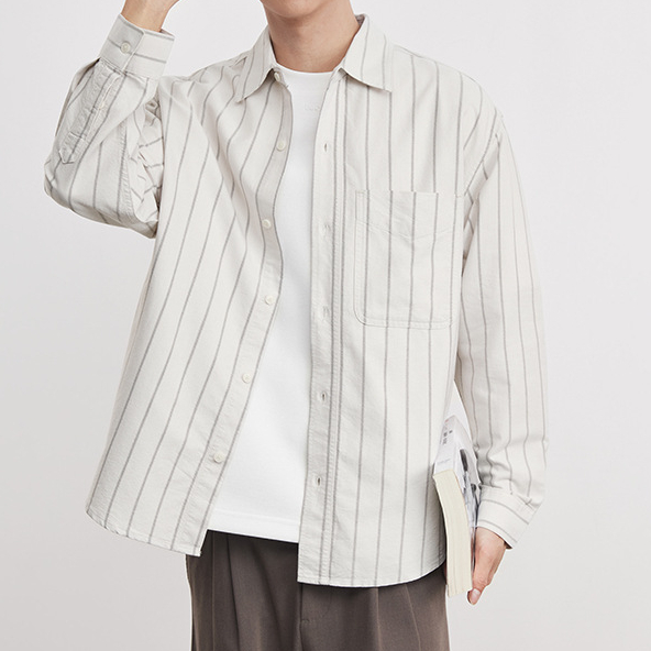 時尚牛津寬條紋純棉翻領長袖襯衫男春秋季2026新款男士襯衣潮