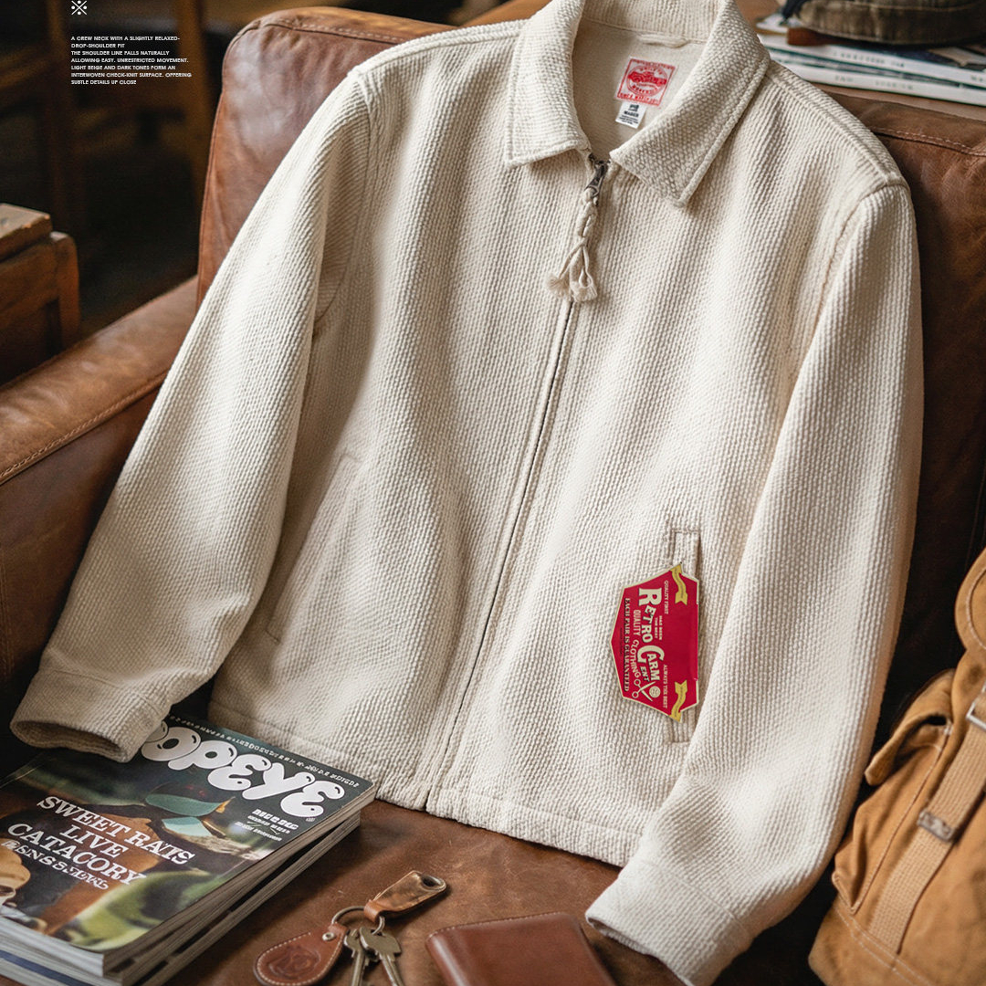 美式白色IKE教練夾克翻領重磅純棉正肩帆布短款外套男春