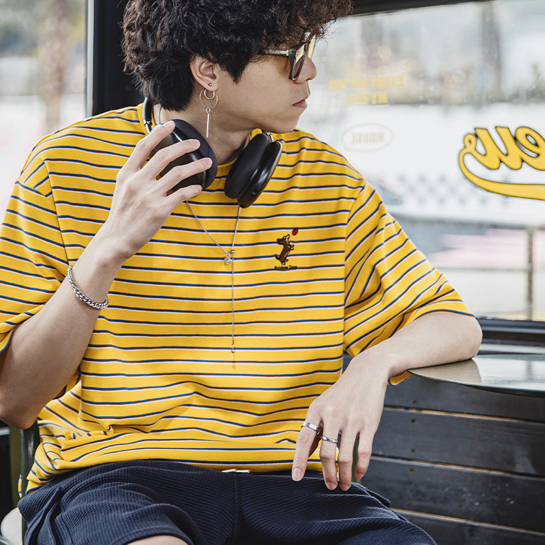 螺紋臘腸狗刺繡條紋短袖T恤250g寬鬆落肩撞色tee半袖潮夏