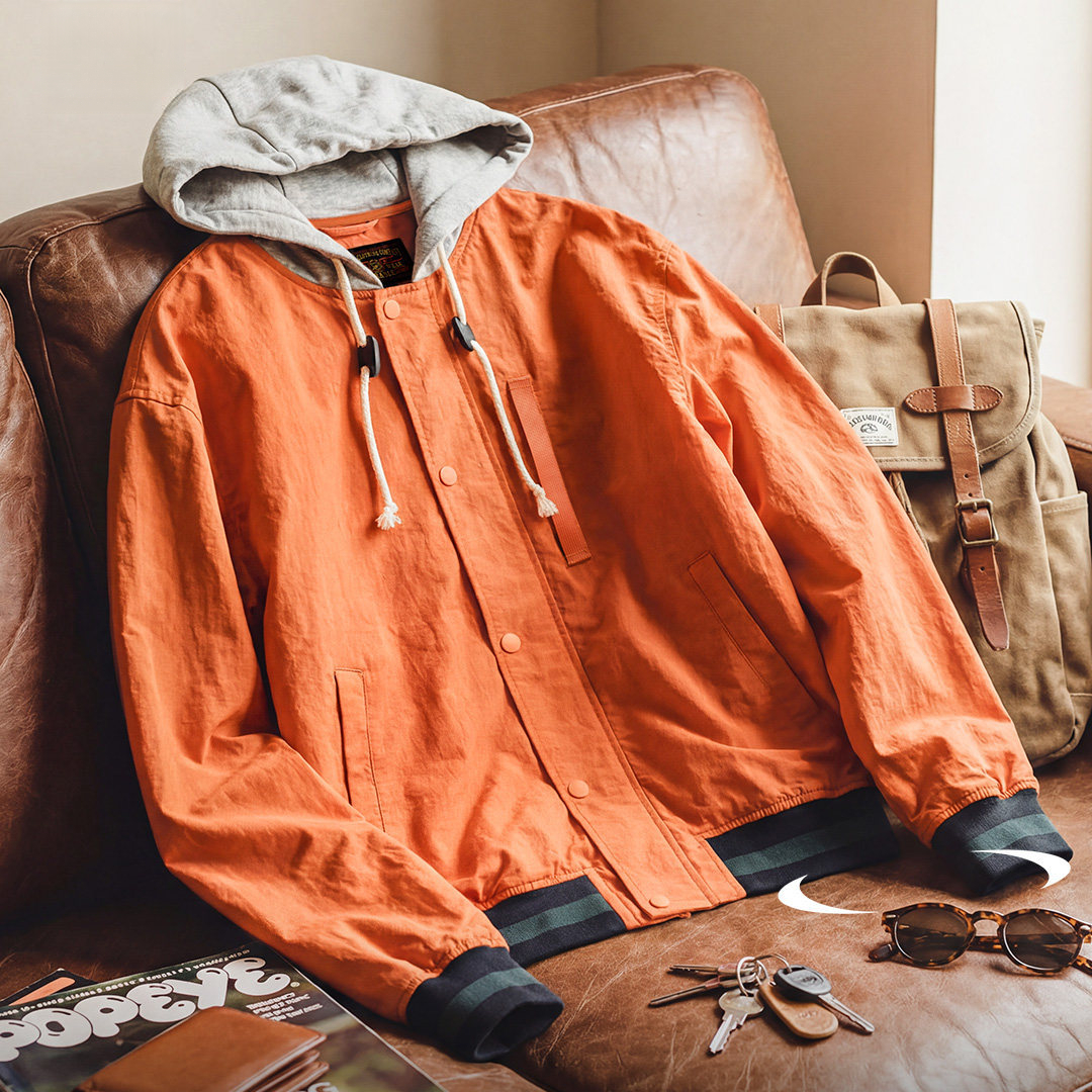 美式復古拼接撞色連帽夾克短薄款開衫橙色休閒外套男春季