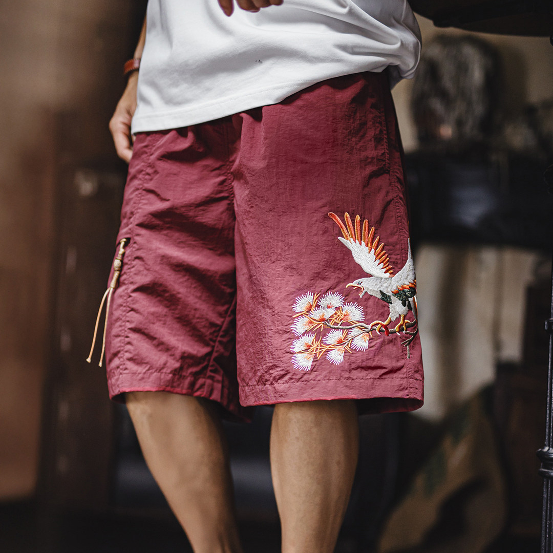美式橫須賀刺繡短褲寬鬆紅色塔絲隆沙灘薄款五分褲男夏季