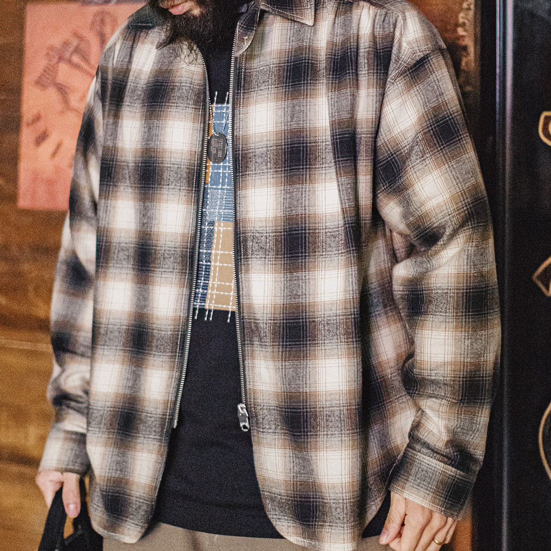 美式復古格子拉鍊襯衫翻領格紋純棉外套開衫長袖襯衣男春