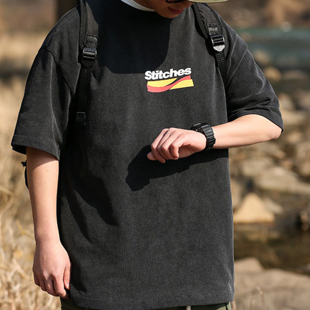 320g水洗發泡印花短袖男復古寬松休閑潮情侶T恤