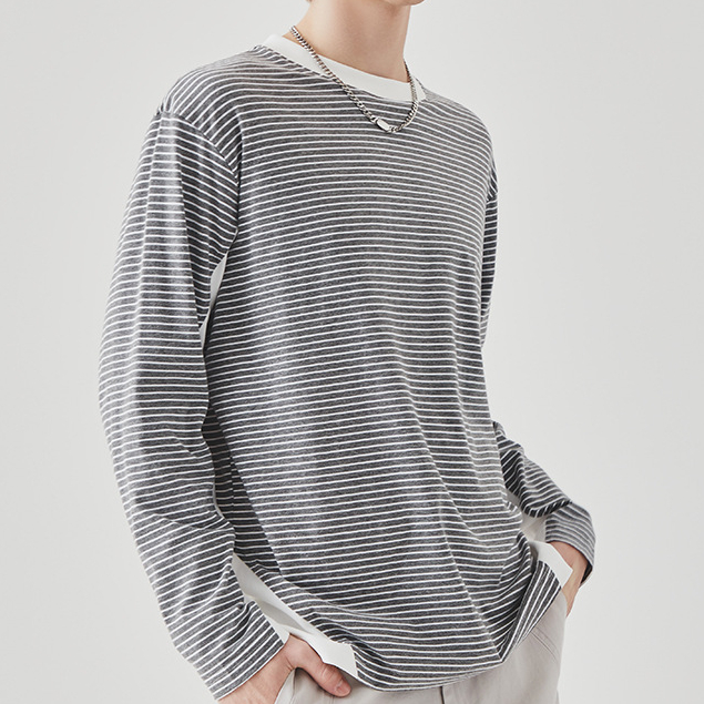 撞色條紋長袖T恤男士春秋季潮牌寬鬆圓領內搭上衣打底衫
