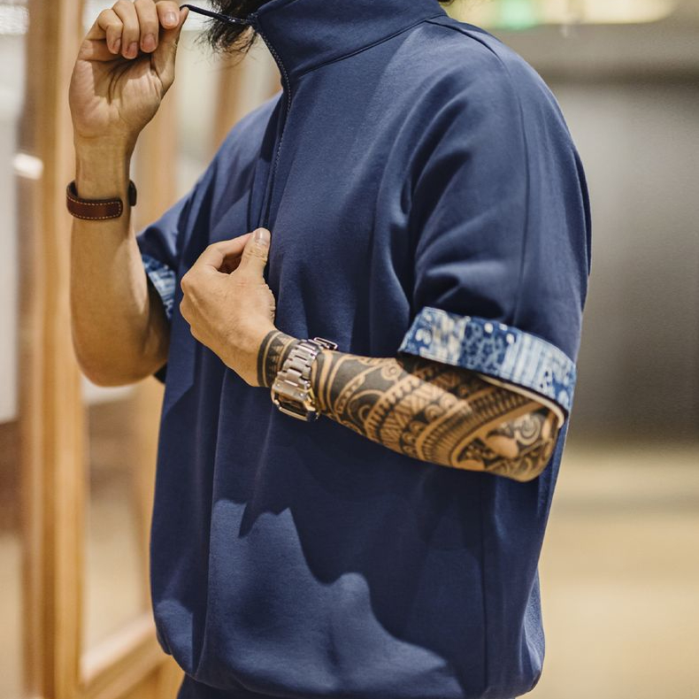 美式復古boro風半開襟polo古布印花寬鬆休閒翻領T恤男夏