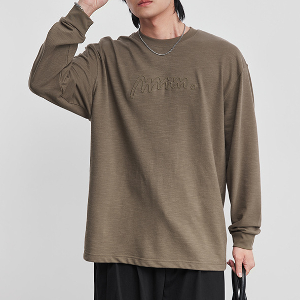 棉紡長袖T恤簡約字母刺繡打底衫2026春季男圓領內搭純色上衣