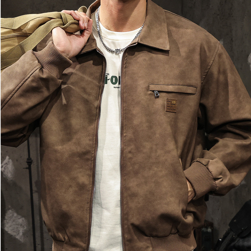 PU皮美拉德色系機車皮衣外套男士潮牌寬松美式復古做舊夾克