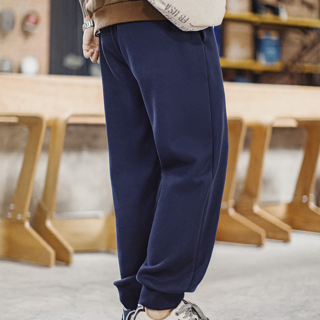 美式束腳衛褲加絨加厚保暖藍色抽繩寬鬆休閒長褲子男秋冬