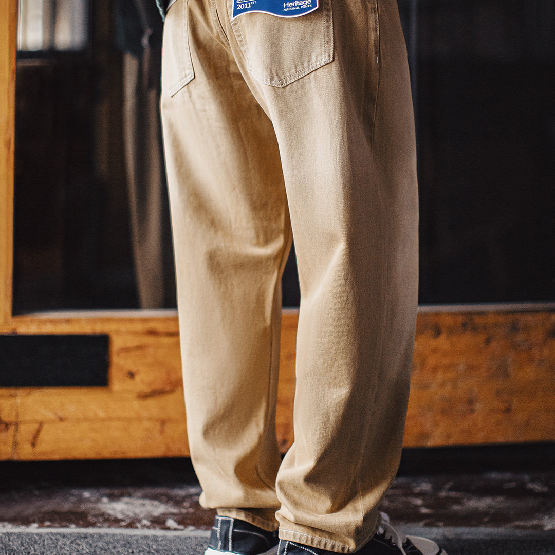 美式復古淺卡其色牛仔褲直筒水洗寬鬆闊腿休閒長褲子男春