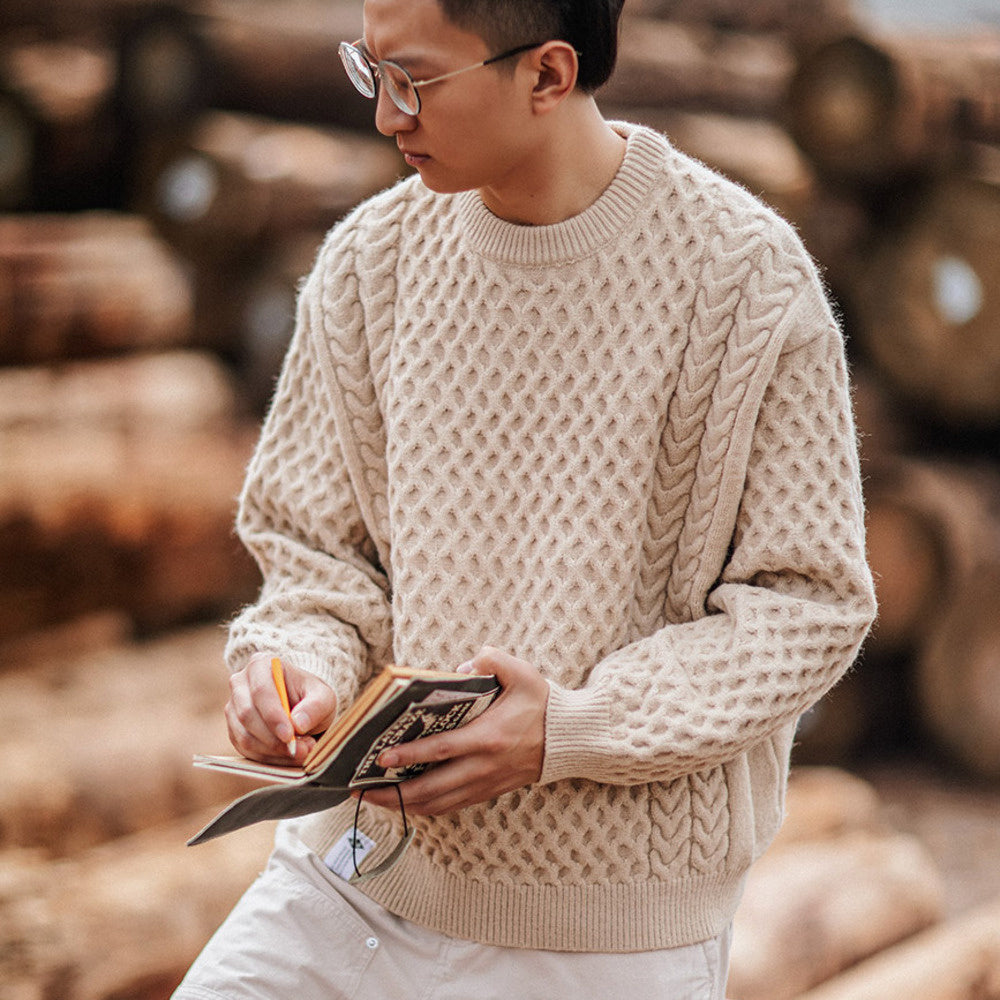靛海阿美咔叽麻花寬松圓領針織衫男美式落肩套頭毛衣秋冬