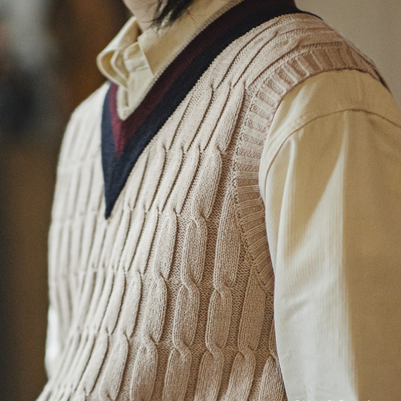 美式復古IVY針織V領毛衣背心學院風撞色絞花無袖馬甲男秋