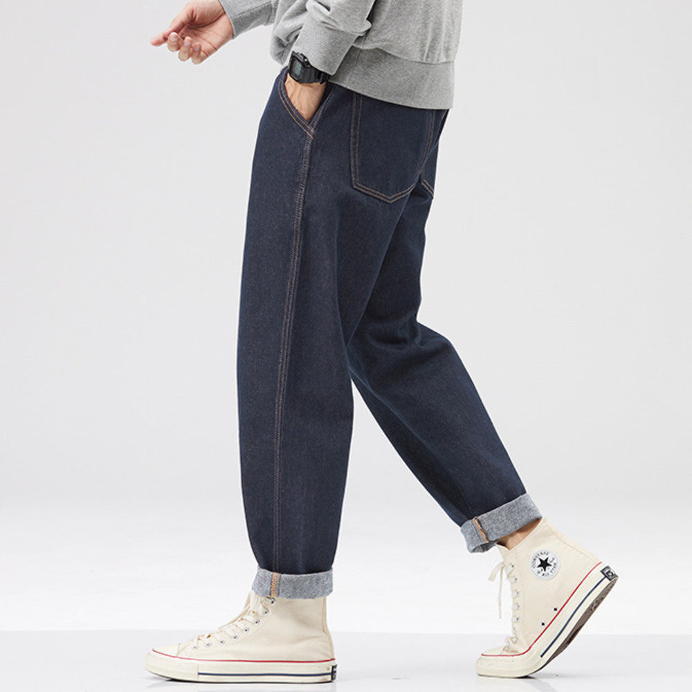 春秋款深藍色牛仔褲男士春季潮牌復古美式寬松直筒長褲