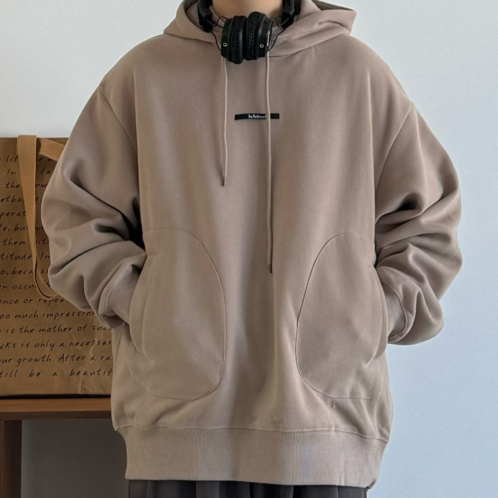 春秋大地色简约软糯连帽套头中性卫衣帽衫