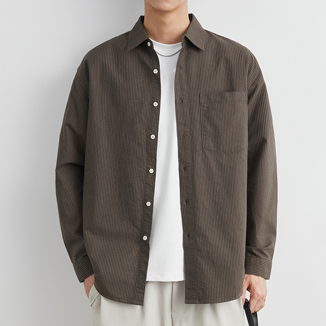 復古翻領純棉長袖襯衫男春秋季新款港風條紋休閒襯衣外套