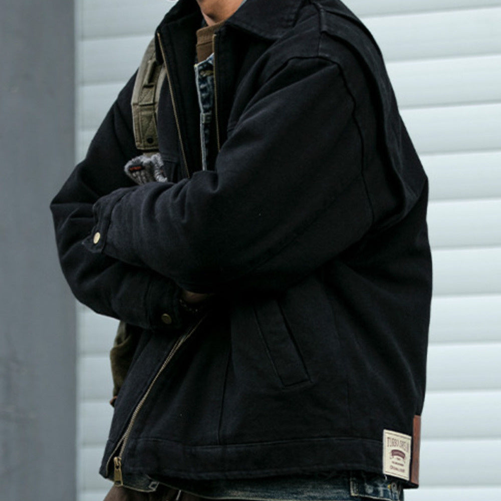 美式重工水洗底特律工装翻领棉衣男潮牌皮质贴标加厚棉服