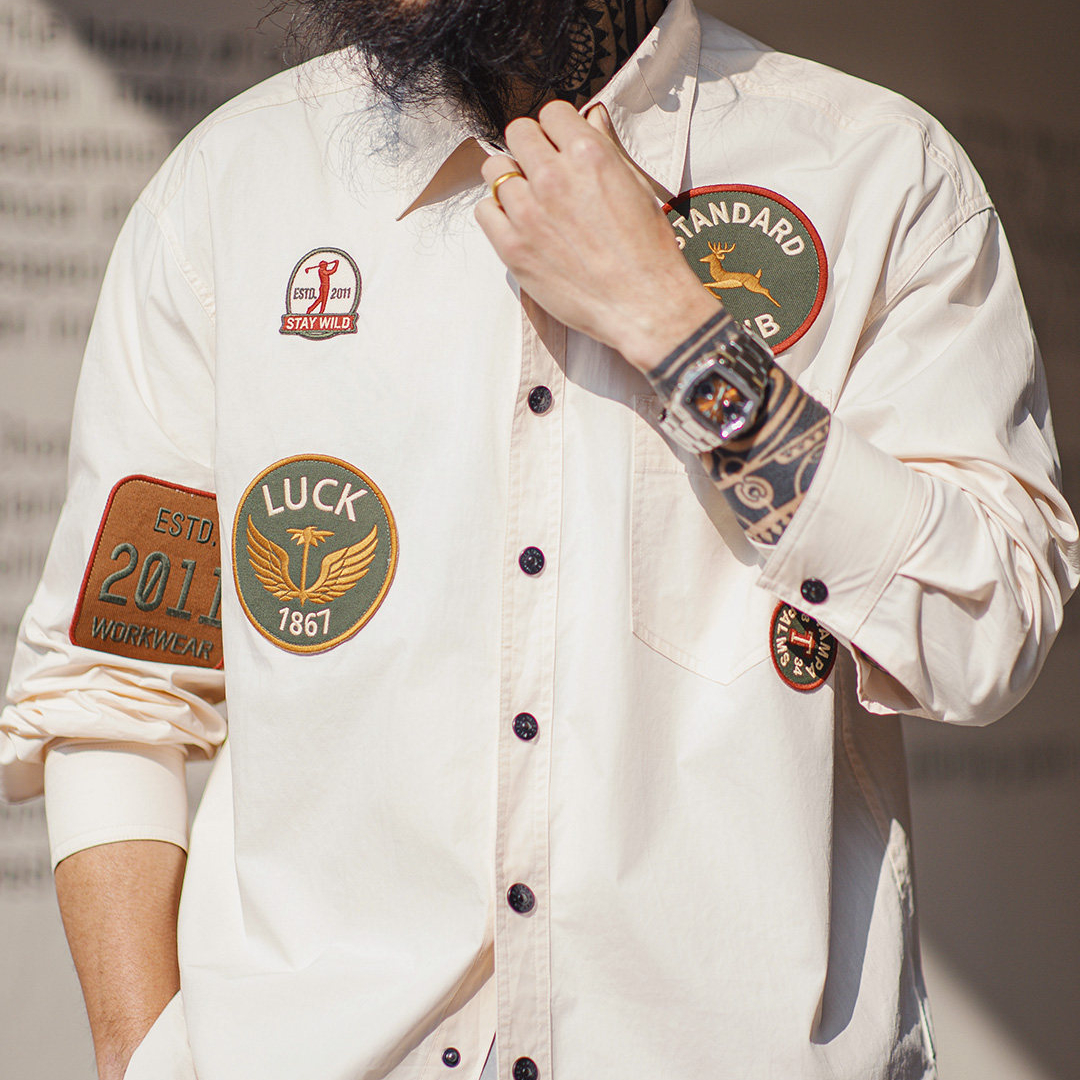 美式章仔刺繡長袖襯衫外套薄款白色口袋拼接襯衣夾克男春