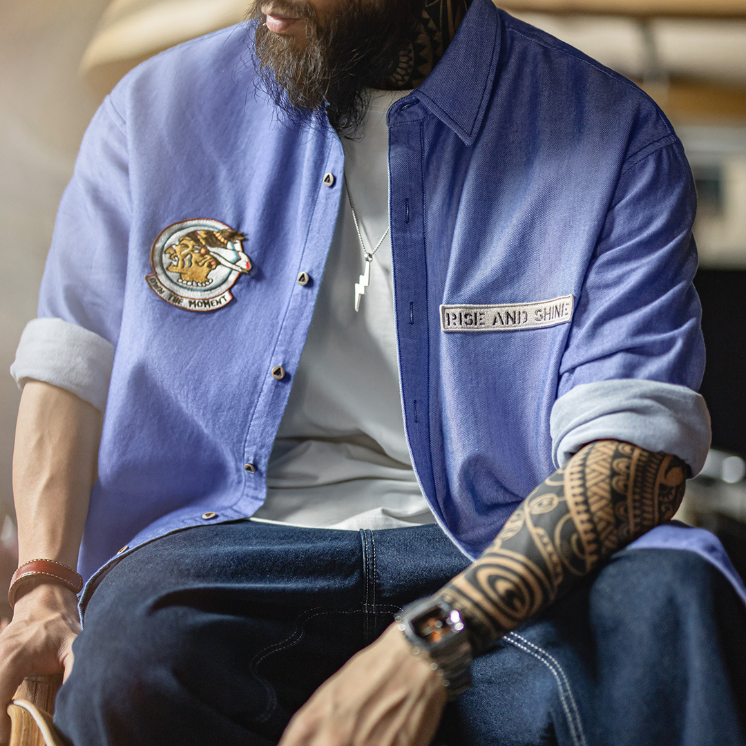 美式休閒牛津紡長袖襯衫藍色襯衣外套純棉牛津布薄款男秋