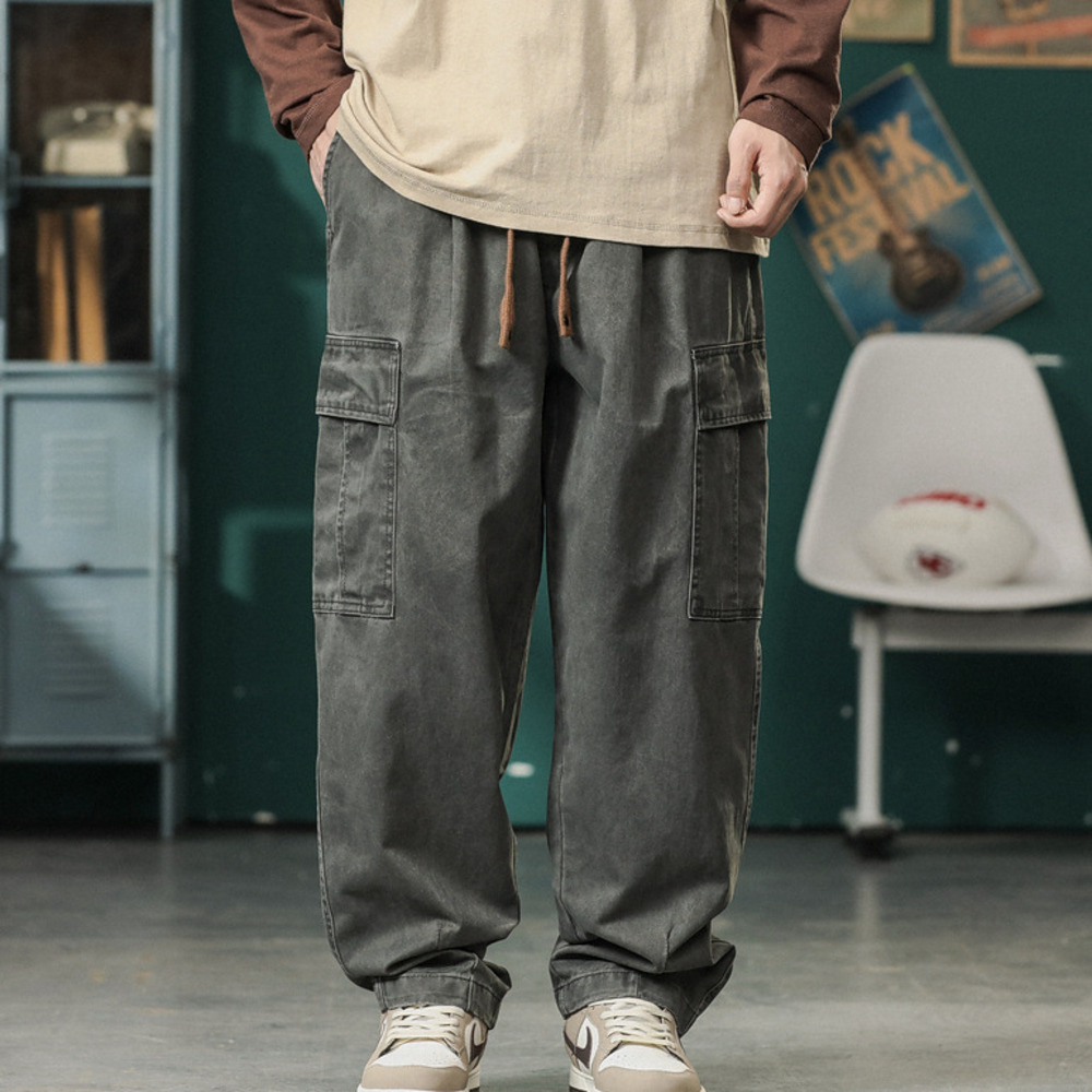 美式復古潮牌機能工裝褲男秋季寬松闊腿休閑褲子戶外露營長褲