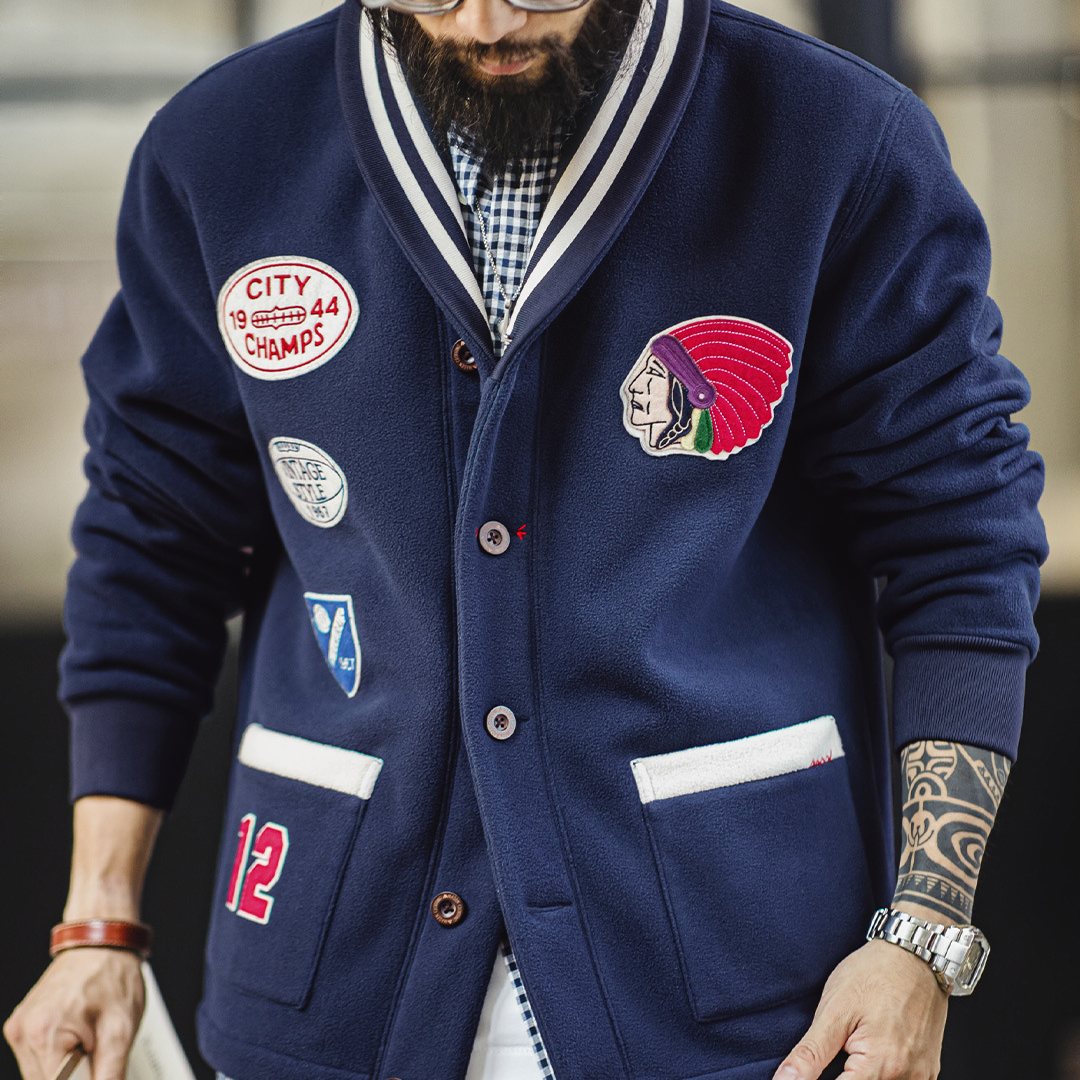 美式復古青果領開衫搖粒絨夾克保暖短款棒球服外套男秋冬