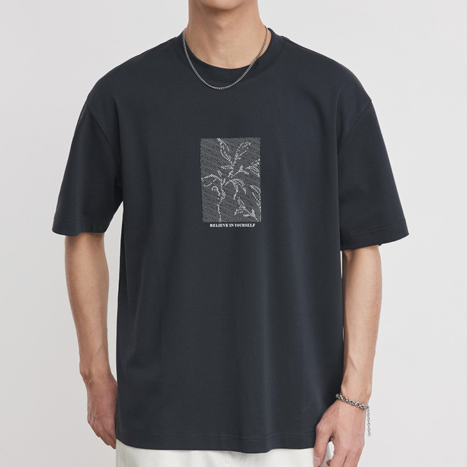 親膚液氨棉日系簡約印花短袖夏季新款圓領寬鬆舒適休閒T恤男