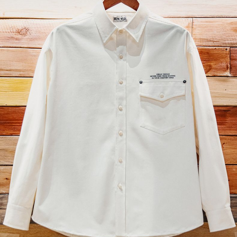 美式休閒人字紋廓形長袖襯衫印花疊穿翻領白色襯衣男秋冬