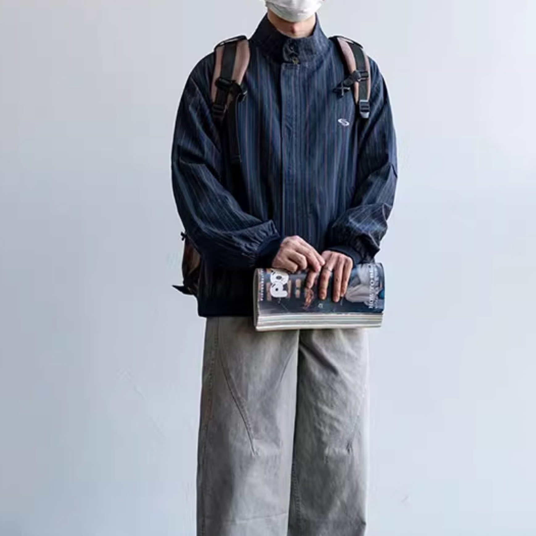 美式潮牌古布條紋哈靈頓夾克男秋季新款寬鬆休閒立領男裝外套