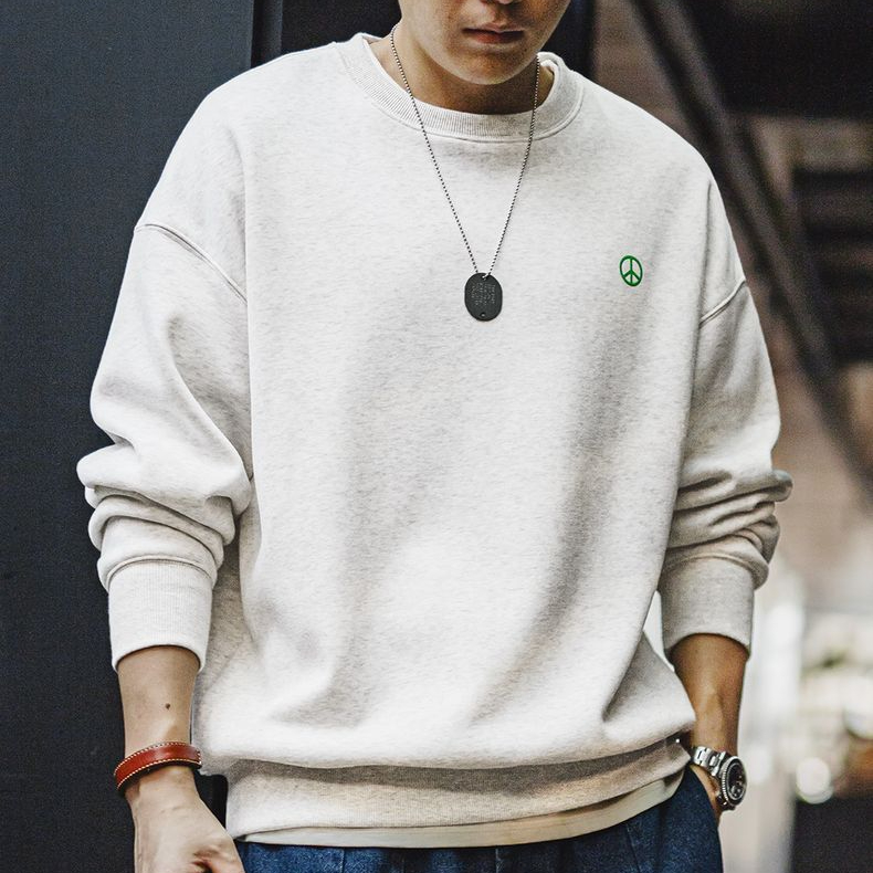 美式休閒灰色圓領加絨衛衣基礎寬鬆落肩打底上衣男秋冬季