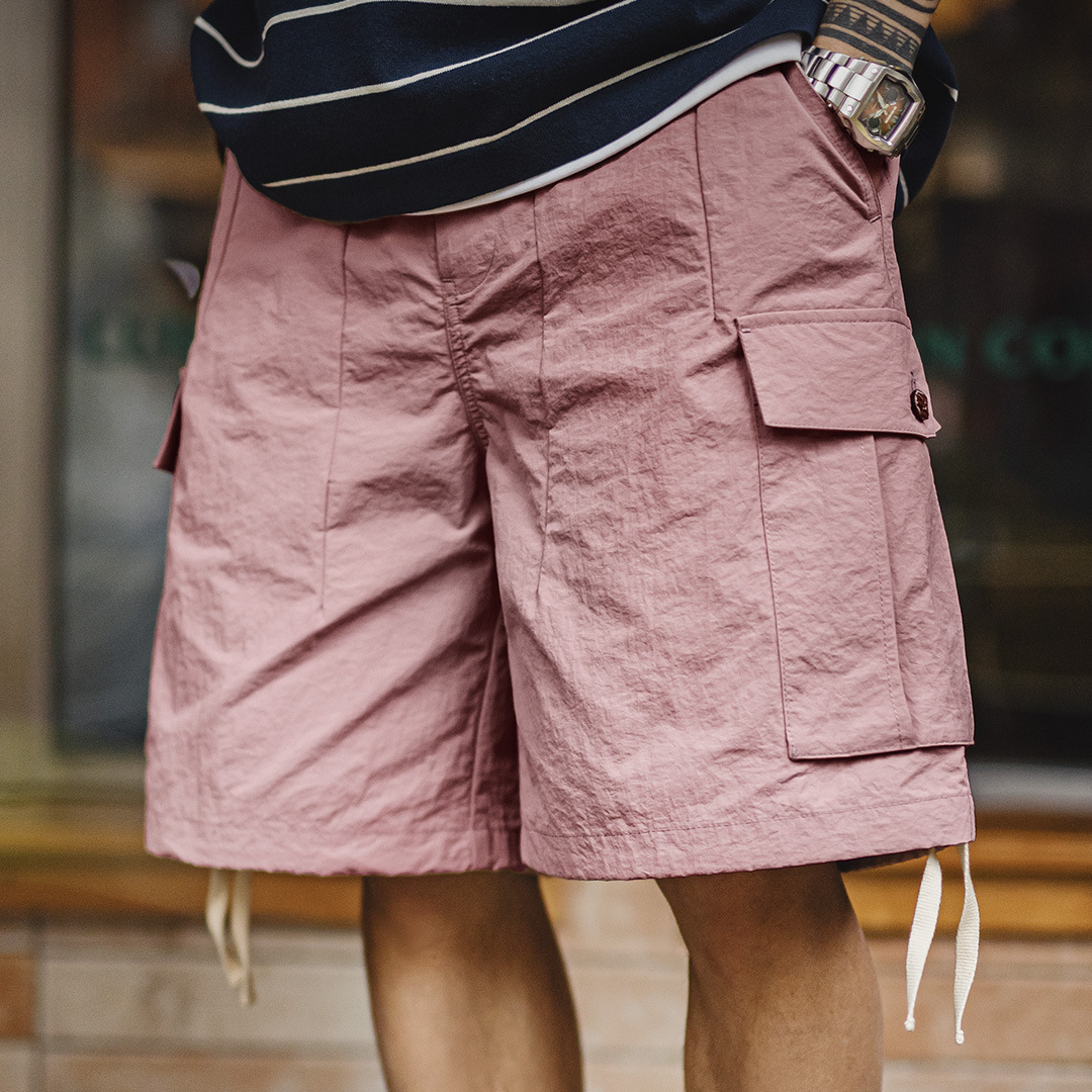 山系速幹短褲美式大口袋梭織寬鬆直筒粉色薄款短褲男夏季