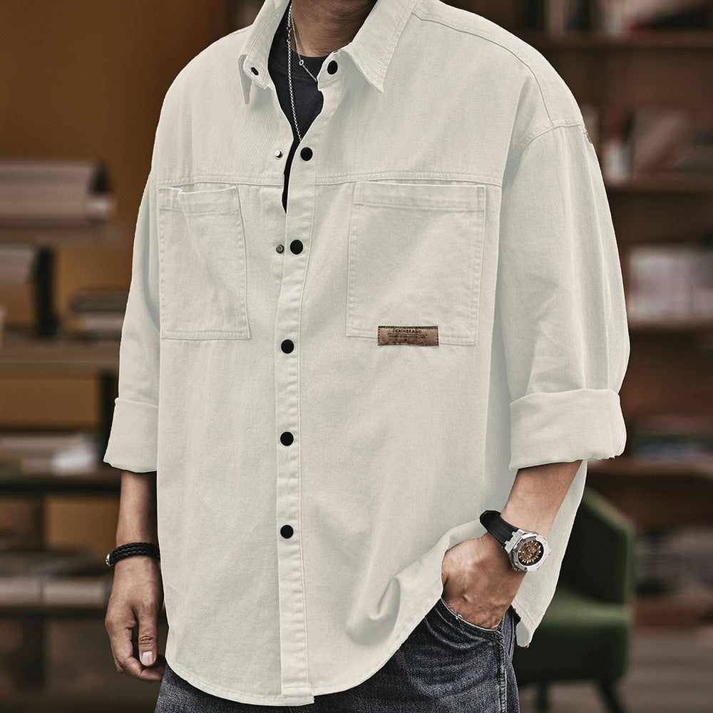 美式米白色工裝襯衫男士春秋新款寬松休閑上衣潮牌長袖襯衣男