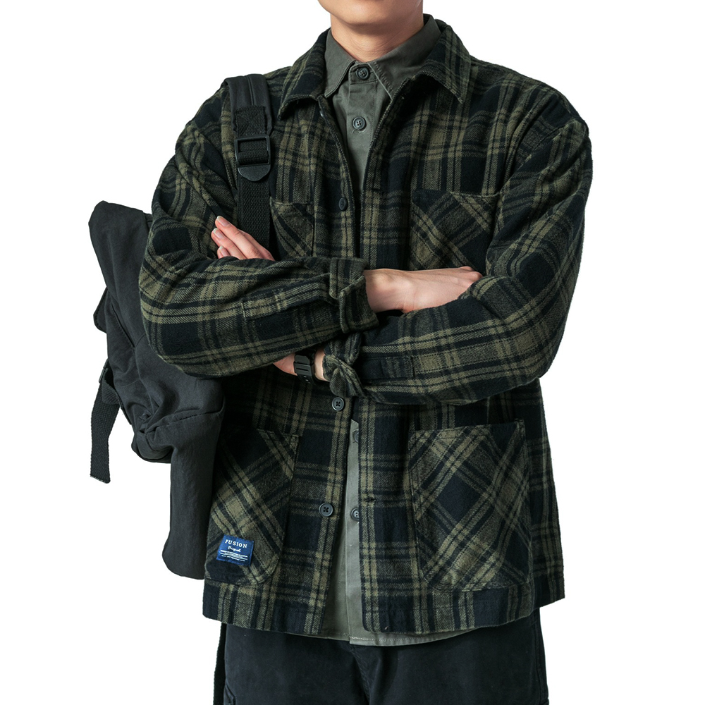 重磅格紋復古洗 春秋cityboy休閒長袖襯衫男寬鬆襯衣外套