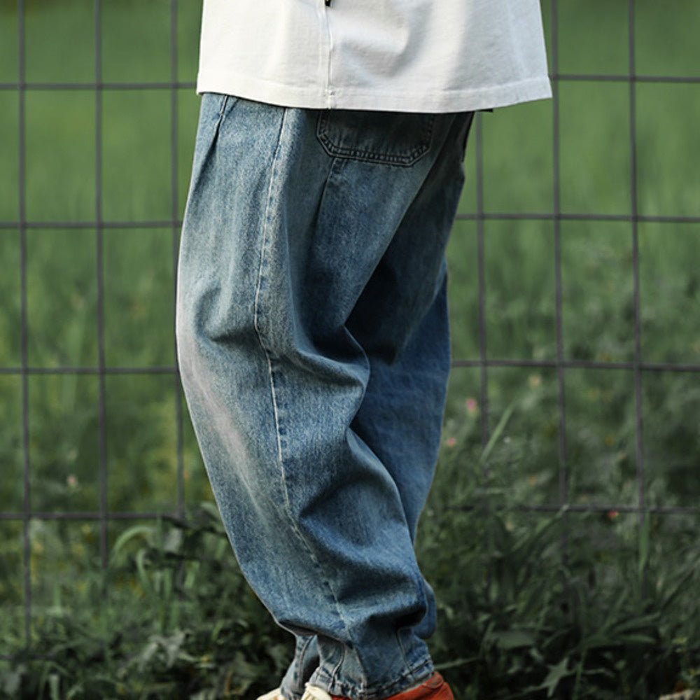 復古廓形牛仔褲男士直筒褲子男潮牌寬松做舊水洗哈倫長褲