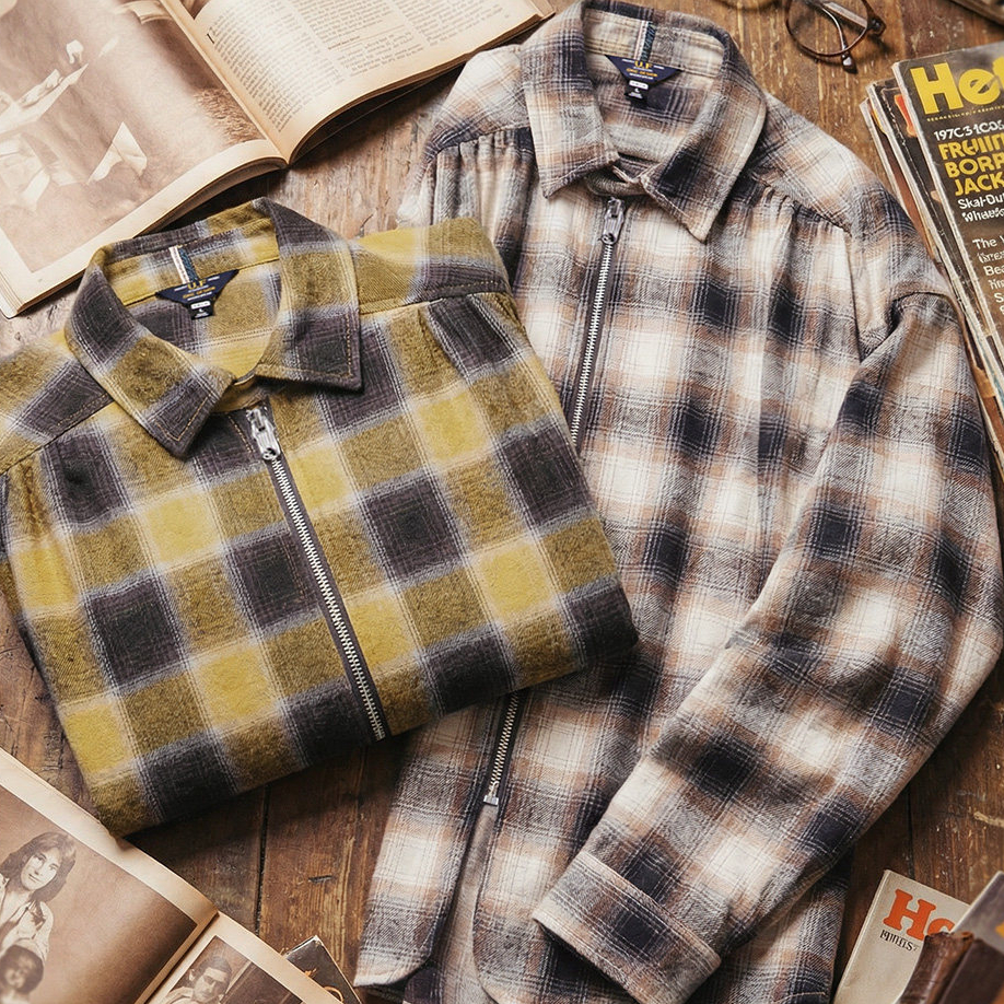 美式復古格子拉鍊襯衫翻領格紋純棉外套開衫長袖襯衣男春