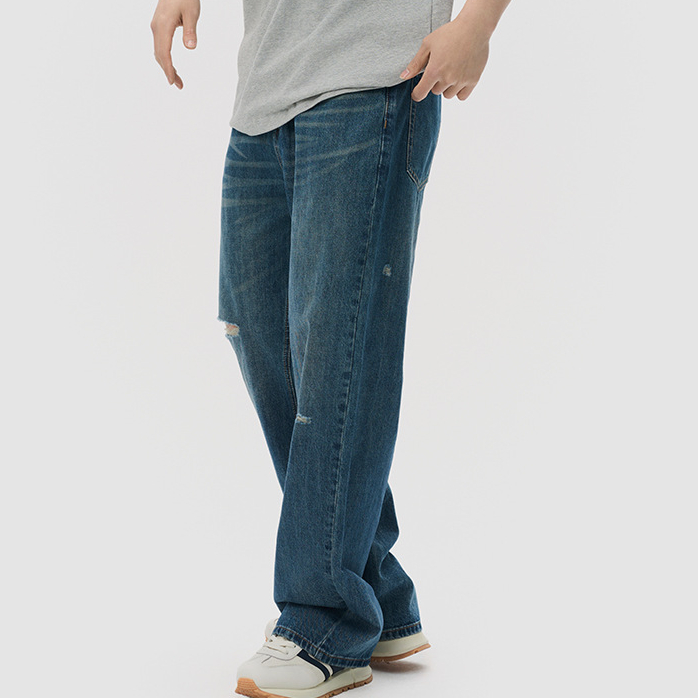 美式高街破洞水洗牛仔褲男高級感潮牌痞帥寬鬆直筒長褲子