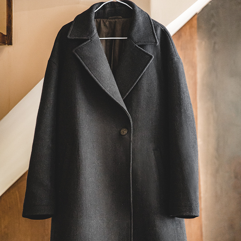 美式復古重磅羊毛呢子大衣黑色加厚寬鬆中長款外套男秋冬