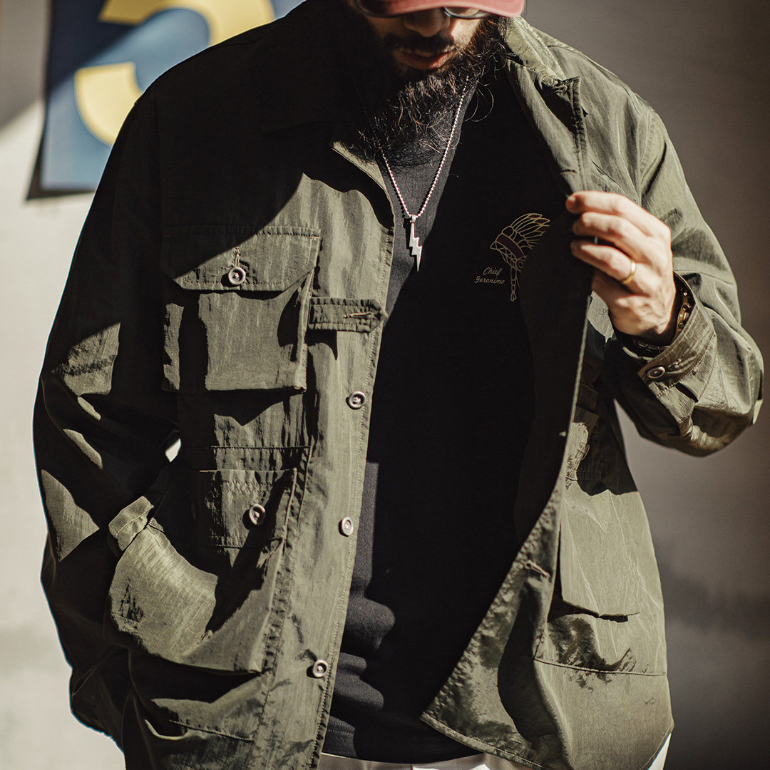 美式復古獵裝襯衫薄款梭織多口袋軍綠色長袖襯衫外套男春