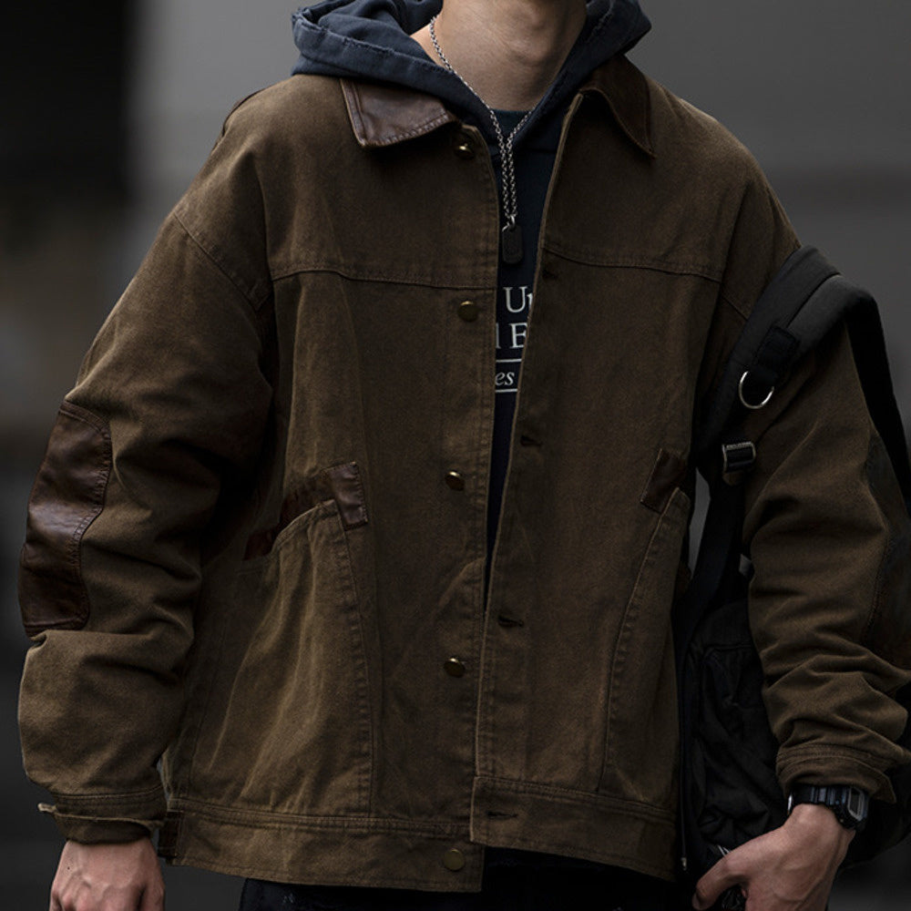 復古水洗做舊拼接PU皮外套男春秋新款寬松翻領工裝夾克上衣潮