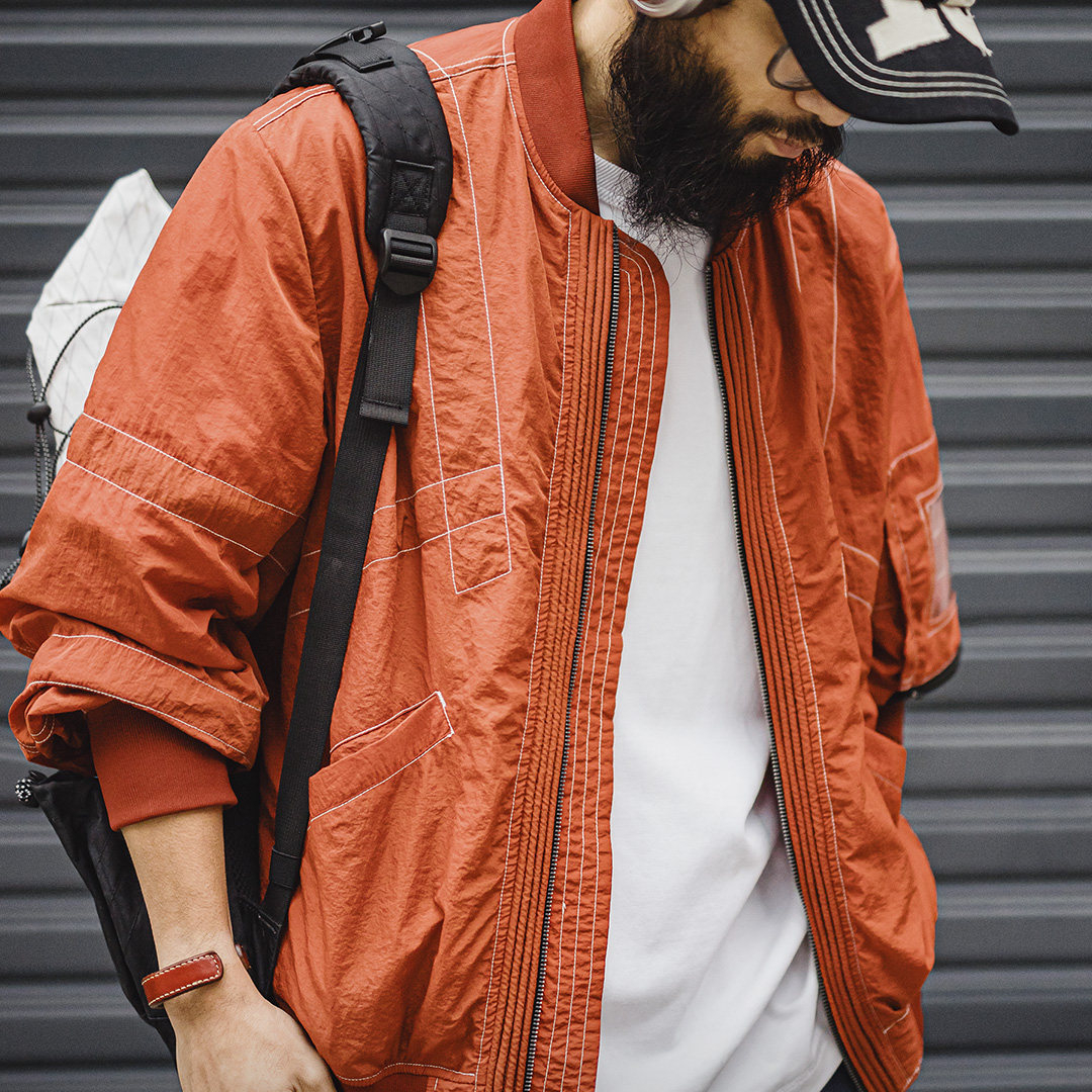 美式明線轟炸機夾克bomber飛行員外套薄款紅色棒球服男春