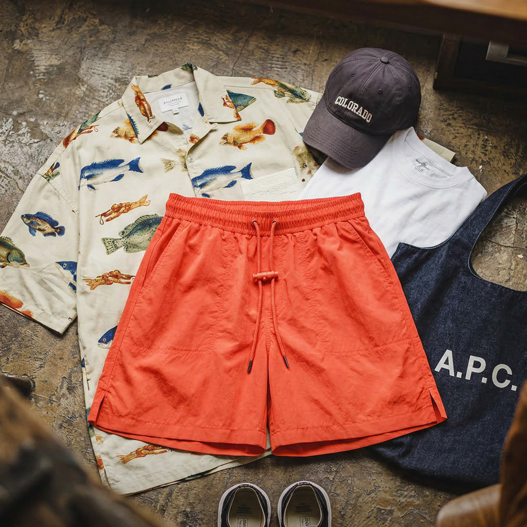 美式橘紅色海邊度假沙灘短褲塔絲隆外穿休閒五分褲男夏季